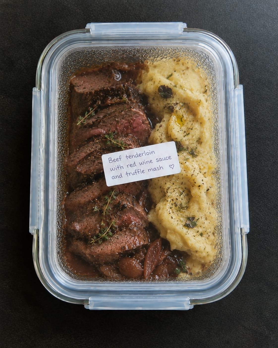 Beef tenderloin with red wine sauce and truffle mash