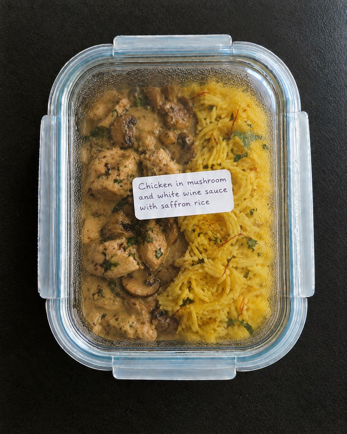 Chicken in mushroom and white wine sauce with saffron rice