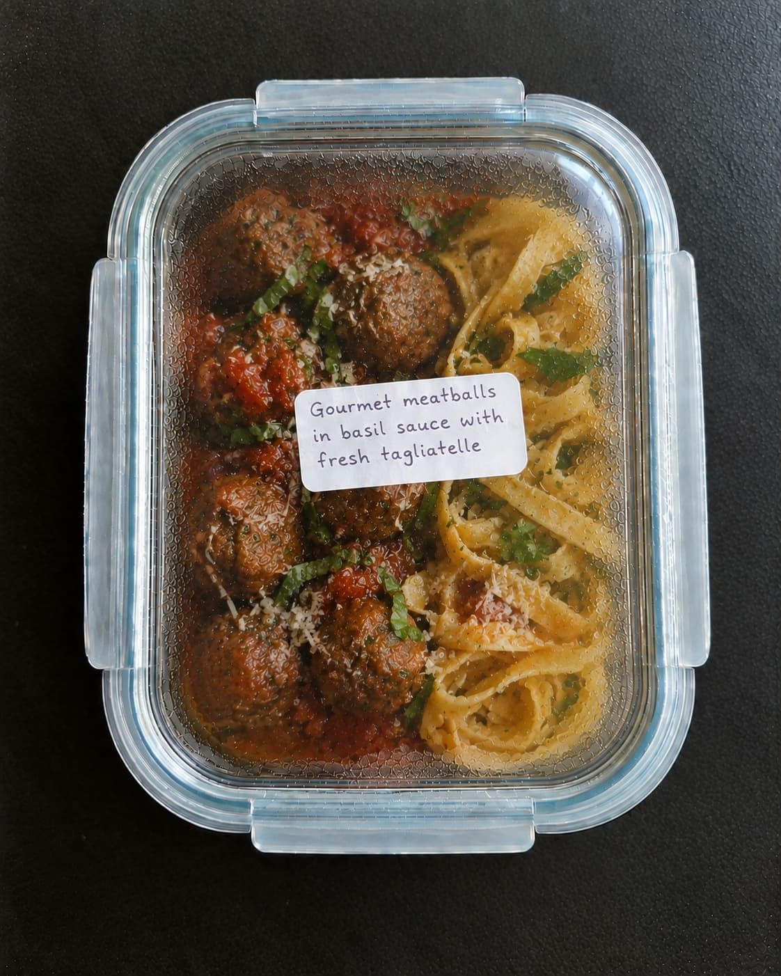 Gourmet meatballs in basil sauce with fresh tagliatelle