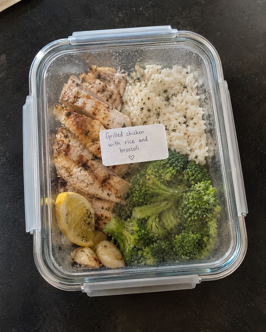Grilled chicken with rice and broccoli