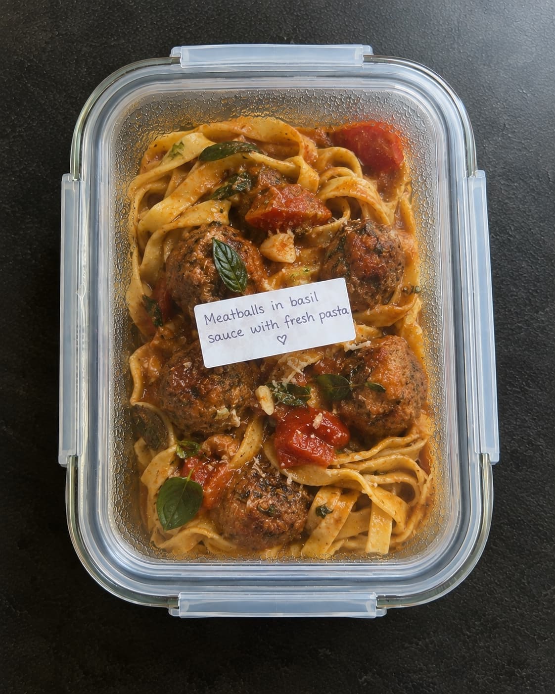Meatballs in basil sauce with fresh pasta