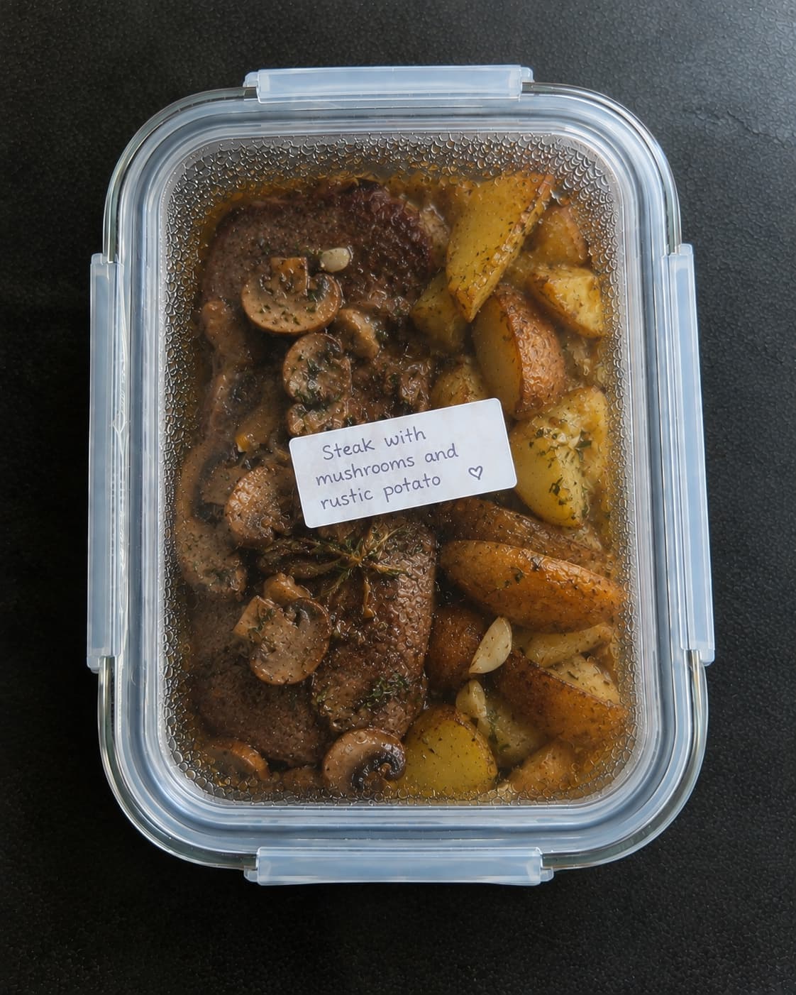 Steak with mushrooms and rustic potato